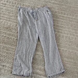 Eileen Tracy Navy and White Linen Blend Striped Cropped Drawstring Pants Large